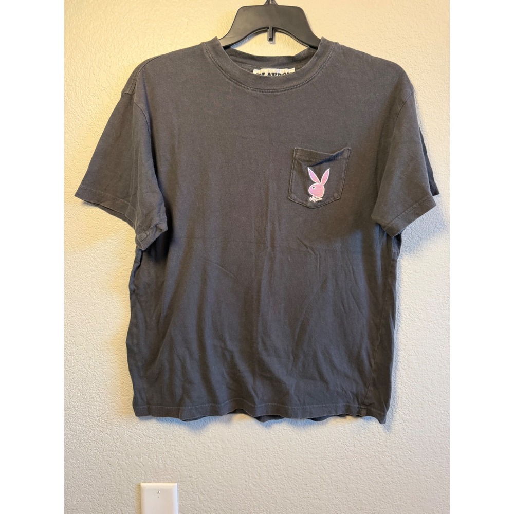 Playboy by PacSun Mens M Faded Black Pink Bunny Pocket T-Shirt Short Sleeve